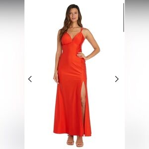 Morgan & Co Orange Spaghetti Strap Long Formal Prom Dress w/ Side Slit
